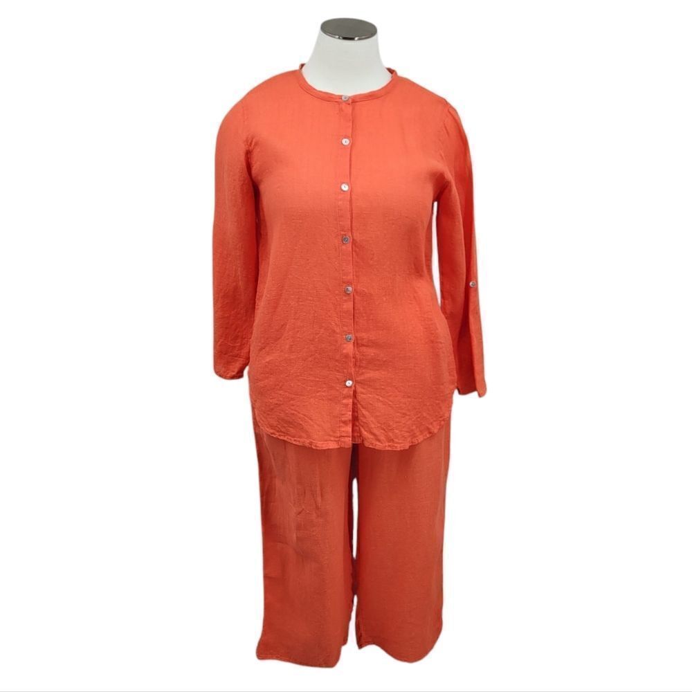 Flax Coral Orange Linen Wide Leg Pants Button Up Tunic Top Matching Set